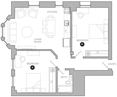 Floor plan for 2 beds, 1 bath, 600 sqft